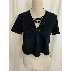 Cotton Candy Womens Solid Black Faux Suede Lace Up Short Sleeve Crop Top Small